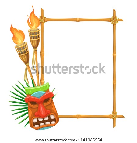 Vector bamboo signboard with tiki tribal wooden mask and torch. Illustration for design hawaiian party.