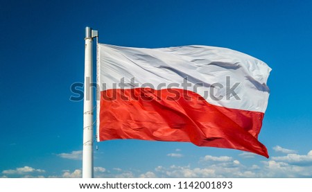 Waving on wind polish national flag Royalty-Free Stock Photo #1142001893