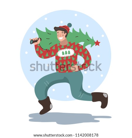 happy man running and holding a Christmas tree on his shoulder. Vector illustration. Isolated.