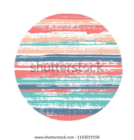 Circle pink blue vector geometric shape with striped texture of paint horizontal lines. Old paint texture disk. Badge round shape circle logo element with grunge background of stripes.