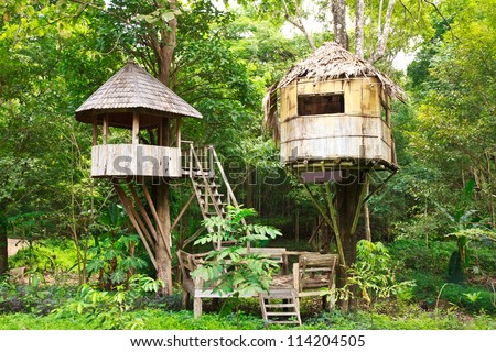 Cute wooden tree house for kids in tropical forest