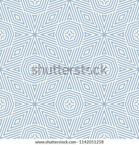 Blue vector geometric lines seamless pattern. Stylish linear background with diagonal stripes, triangles, rhombuses, octagons. Abstract white and soft blue texture. Modern ornamental repeatable design