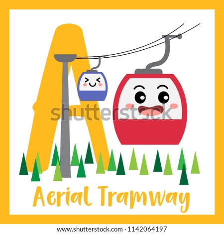 Letter A cute children colorful transportations ABC alphabet flashcard of Aerial Tramway for kids learning English vocabulary Vector Illustration.