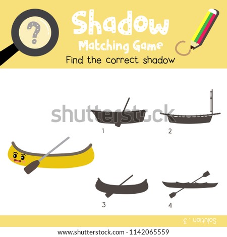 Shadow matching game of Canoe cartoon character side view transportations for preschool kids activity worksheet colorful version. Vector Illustration.