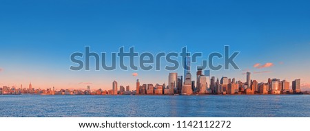 Manhattan skyline panorama at sunset , New York City