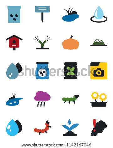 Color and black flat icon set - storm cloud vector, water drop, plant label, pumpkin, seeds, caterpillar, pond, bird house, fertilizer, photo gallery, mountains, flower in pot, irrigation