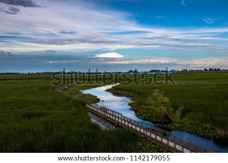 Beautiful view of of the marsh and boardwalk in Point Pelee national park; River calmly winding in to the distance; Stunning sky and landscape shot; Point Pelee, Ontario, Canada