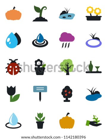Color and black flat icon set - storm cloud vector, flower in pot, tree, sproute, lady bug, water drop, plant label, pumpkin, pond, tulip, fruit, alcohol, palm