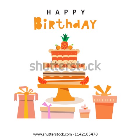 Happy Birthday to you typographic  design for greeting cards. Chocolate cake  in three layers with candle and stand, in cartoon style. Colorful  gift boxes. Vector illustration.