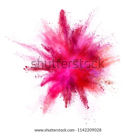 Explosion of coloured powder isolated on white background. Abstract colored background Royalty-Free Stock Photo #1142209028