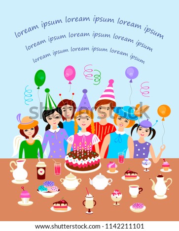 Happy girl blowing birthday candles with her friends (vector illustration)