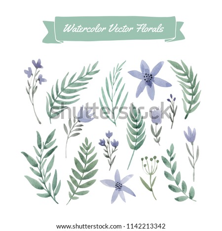 Set of handpainted watercolor vector flowers and leaves.  Royalty-Free Stock Photo #1142213342