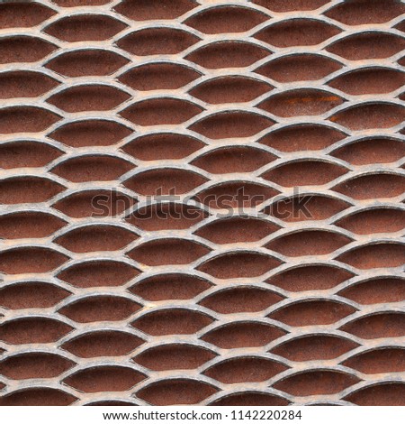 metal coarse and strong grating with rhythmically located holes on a rusty background