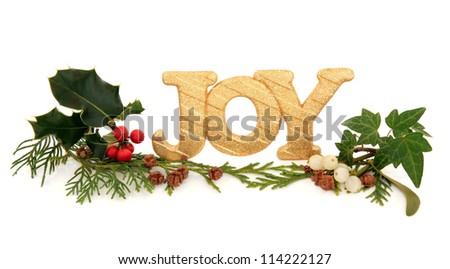 Christmas joy golden glitter decoration sign with holly, mistletoe, ivy and cedar cypress leaf sprigs with pine cones over white background.