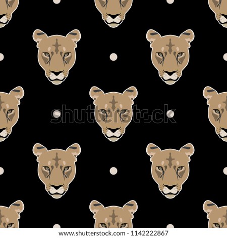 Seamless geometrical pattern with heads of lioness or puma and polka dots. Cartoon style.
