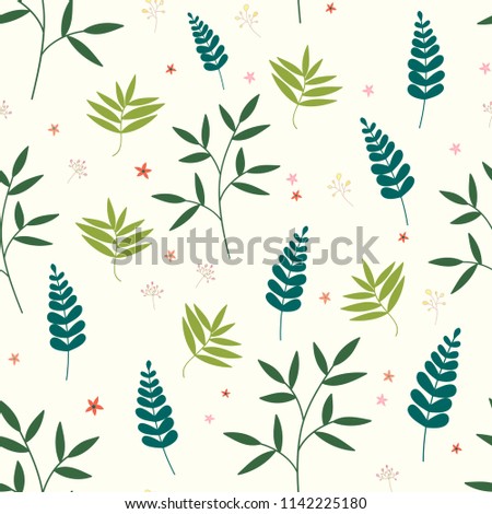 Leaves  seamless pattern with small flowers, Vector illustration