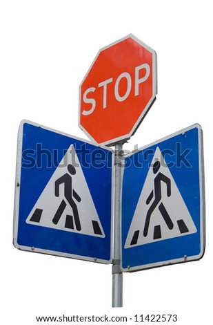 Road sign with stop and crosswalk pedestrian symbols warning authority rule
