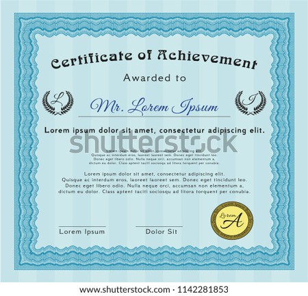 Light blue Diploma template or certificate template. Good design. Vector illustration. Easy to print. 