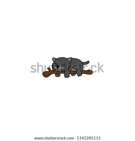 Lazy black panther sleeping on a branch cartoon, vector illustration