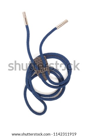 Bolo-tie. Blue cord with metal clip. This tie is called a cowboy (American, Indian) tie. Isolated over white background