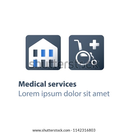 Hospital building, medical center, wheelchair sign, health care, handicapped attendance, disabled nursing services, vector flat icons