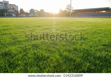 green grass field in the morning sunrise at a public football field at Sakon Nakhon,Thailand