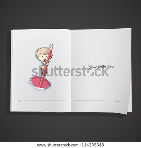 Cute children holding a red crayon inside a book. Vector background design.