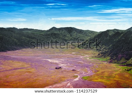 View of path and desert of Mount Bromo Volcano colorful, East Java, Indonesia