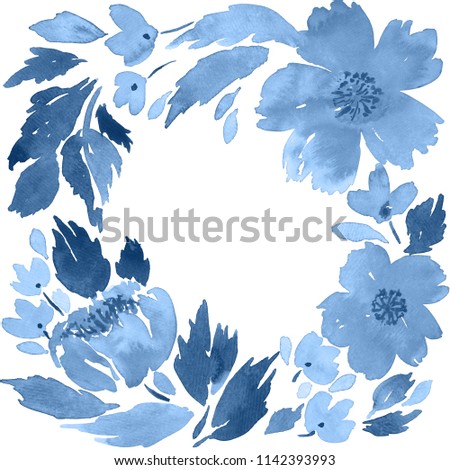Watercolor loose flowers arrangement. Floral frame template in indigo blue