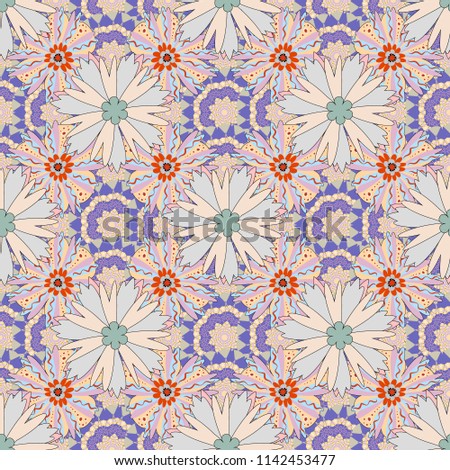 Checkered raster seamless pattern with grunge texture and abstract beige, black and blue flowers. Tile for wallpaper or fabric. Seamless pattern with plaid.
