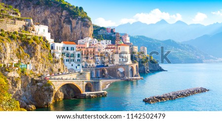 Morning view of Amalfi cityscape on coast line of mediterranean sea, Italy Royalty-Free Stock Photo #1142502479