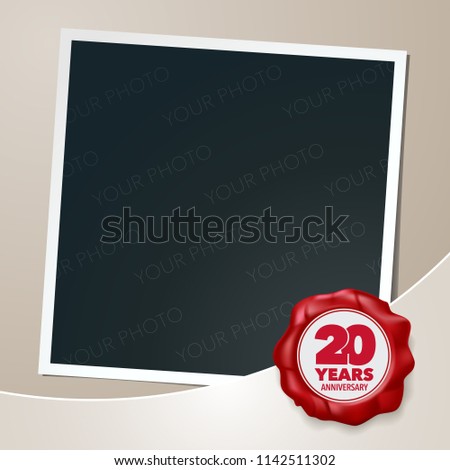 20 years anniversary vector icon, logo. Template design element, greeting card with collage of photo frame and wax seal for 20th anniversary 