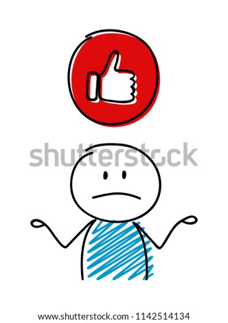 Thumb - like (social media) icon with confused stickman. Vector.