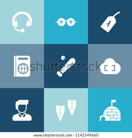 Modern, simple vector icon set on colorful blue backgrounds with fly, boy, music, league, plane, baseball, ball, listen, cloud, speaker, retro, summer, boho, igloo, equipment, man, travel, sign icons