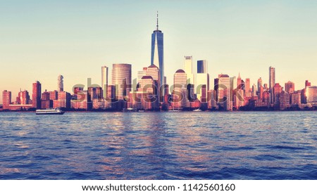 Vintage stylized picture of Manhattan waterfront at sunset, New York City, USA.
