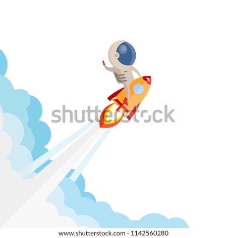 astronaut riding a rocket and smoke through cloud into space. flat design. Vector illustration.