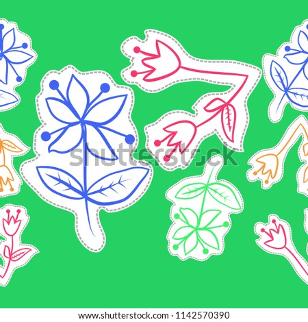 Floral theme, branches, doodles, labels, dashed lines  seamless  pattern. Hand drawn.