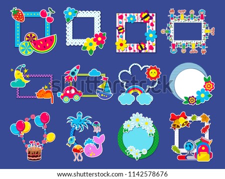 Kids frame vector childish framing picture or child photo on wall for decoration babyroom illustration set of decorative border with toys or balloons for birthday photography isolated on background