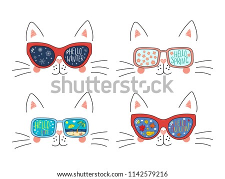 Set of cute cat faces in sunglasses with summer, autumn, winter, spring symbols reflected, text. Isolated objects on white. Hand drawn vector illustration. Line drawing. Concept four seasons.