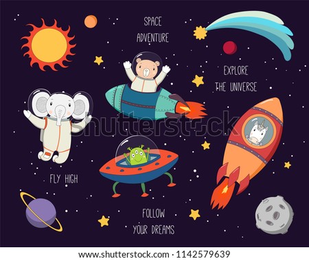 Set of cute funny elephant, bear, unicorn astronauts, alien in space, with planets, stars, quotes. Hand drawn vector illustration. Line drawing. Design concept for children print.