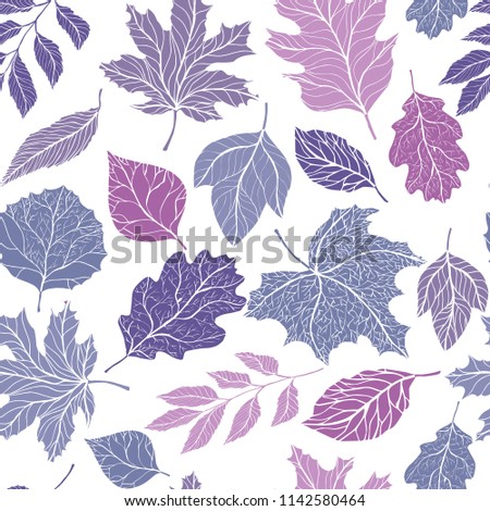 Autumn pattern. Seamless vector pattern - hand drawn leaves in purple and ultraviolet shades