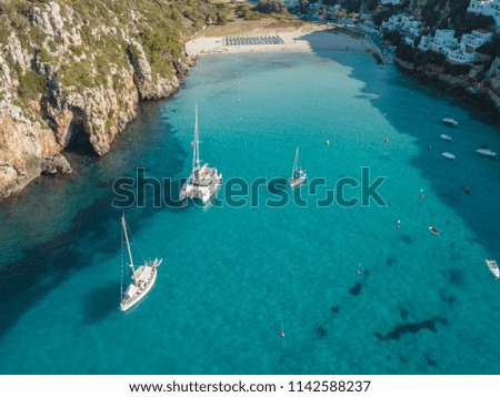 Aerial Above View Yachts Beach Mediterranean Sea Blue Water Menorca Cala'n  Porter 