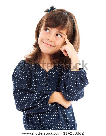 Closeup portrait of a cute little girl thinking isolated on white