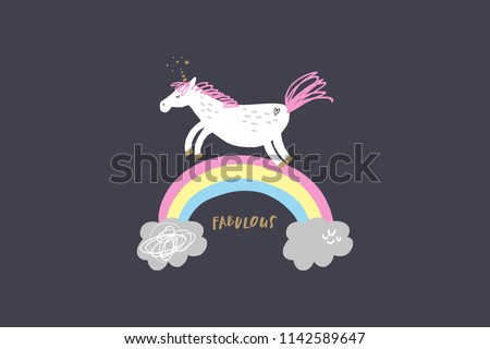 Vector image, clipart, editable details. Cute funny unicorn, rainbow. Baby style art. Illustration for cards, postcards, posters, clothes and other.