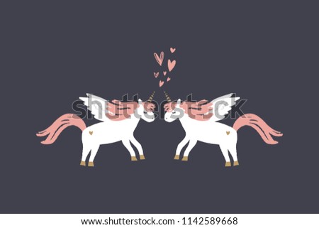 Vector image, clipart, editable details. Cute cartoon pegasus couple in love. Baby style art. Illustration for cards, postcards, posters, clothes and other.