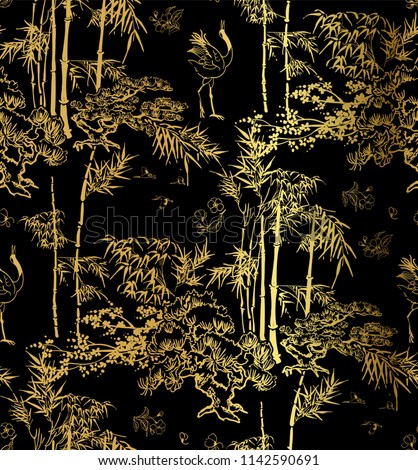 bamboo bird crane tree vector japanese chinese seamless pattern design gold black Royalty-Free Stock Photo #1142590691