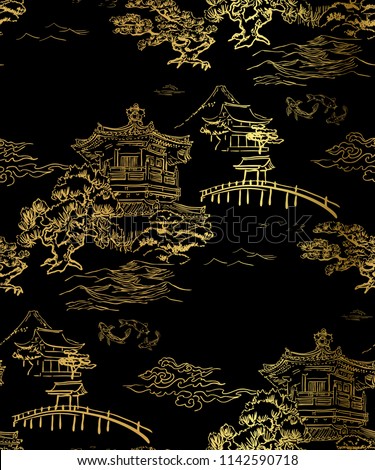 temple building view blidge fish garden vector japanese chinese seamless pattern design gold black Royalty-Free Stock Photo #1142590718