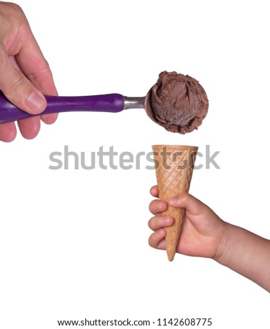 Kid hold ice cream cone while serving chocolate ice cream spoon on white background.