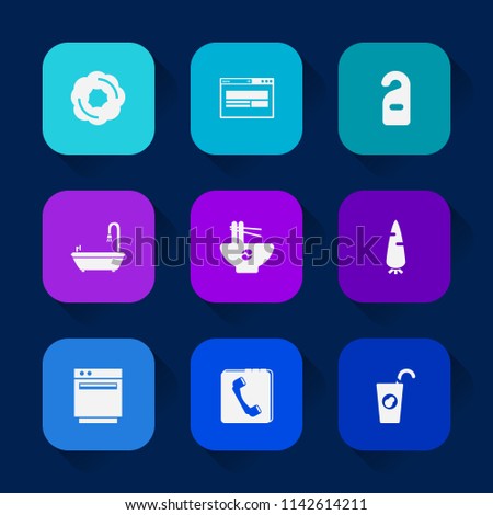 Modern, simple vector icon set on colorful long shadow backgrounds with gas, sweet, cupcake, privacy, fresh, cake, dessert, phone, carrot, chocolate, oven, doughnut, web, service, noodle, juice icons.