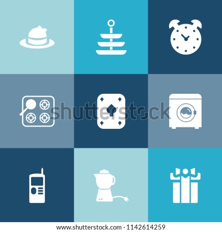 Modern, simple vector icon set on colorful blue backgrounds with kitchen, machine, celebration, hour, head, cap, oven, object, holiday, time, wash, plate, clock, meal, cook, play, alarm, gas icons